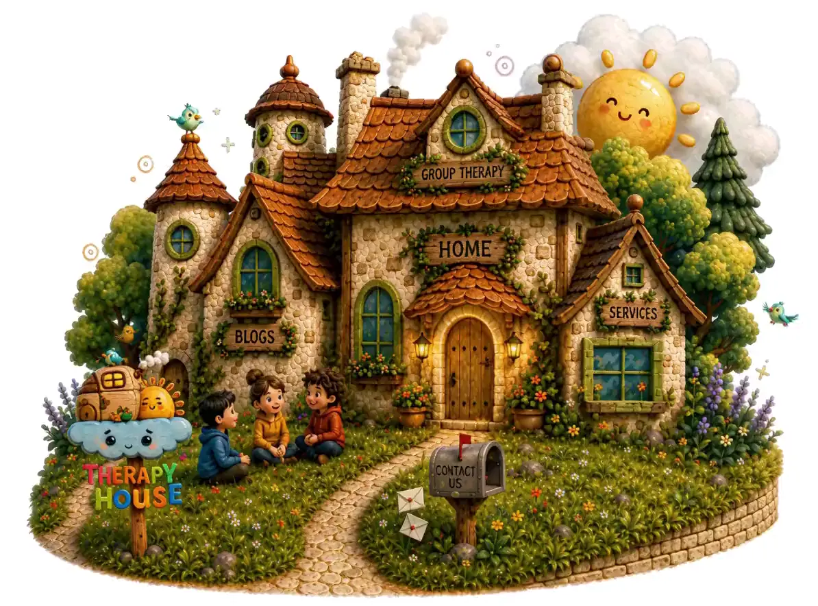 The Therapy House cottage, with children sitting on the lawn and signs for each part of the clinic