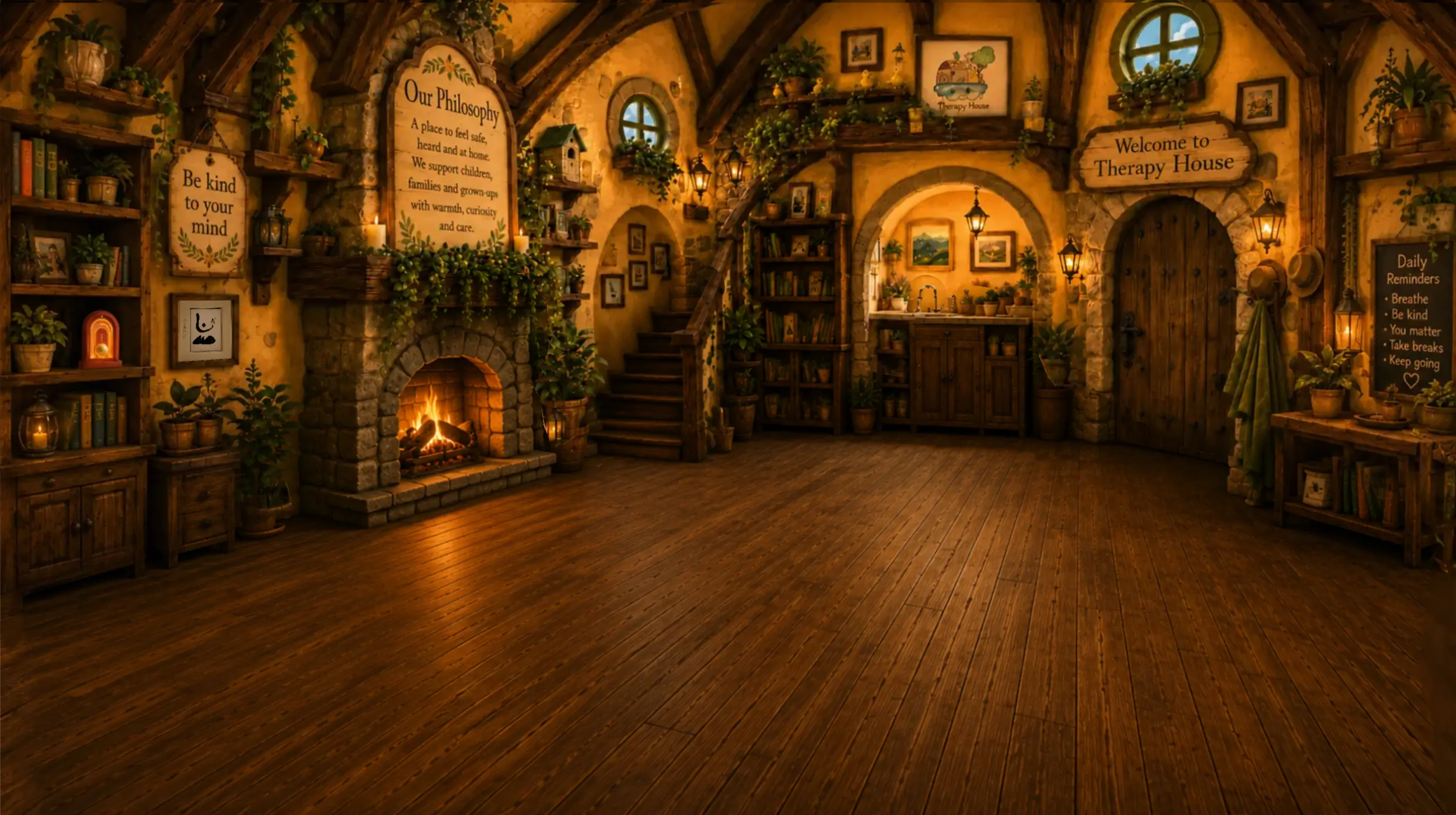 Layered illustration of the warm Therapy House clinic interior