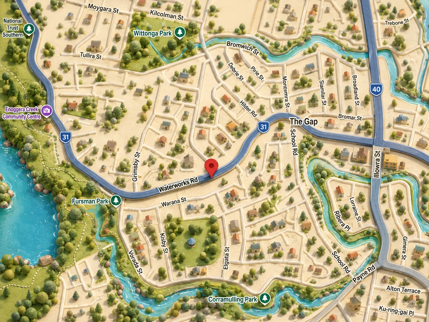 Illustrated map with Therapy House pinned on Waterworks Rd, The Gap.