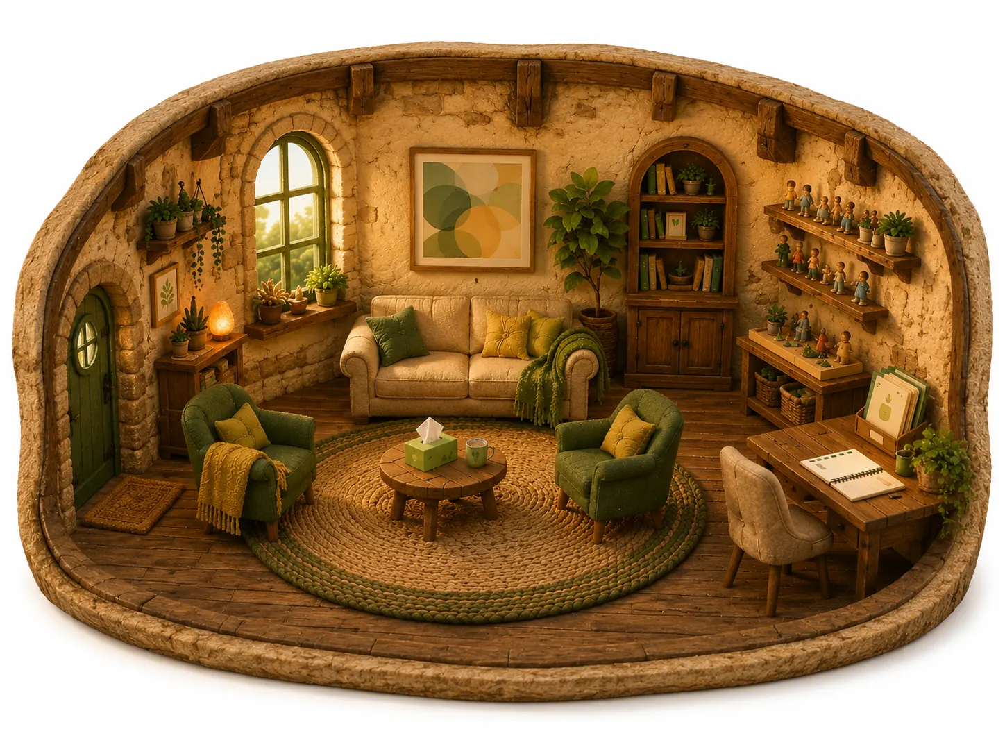 The consulting room — armchairs, lamplight and a window onto the garden