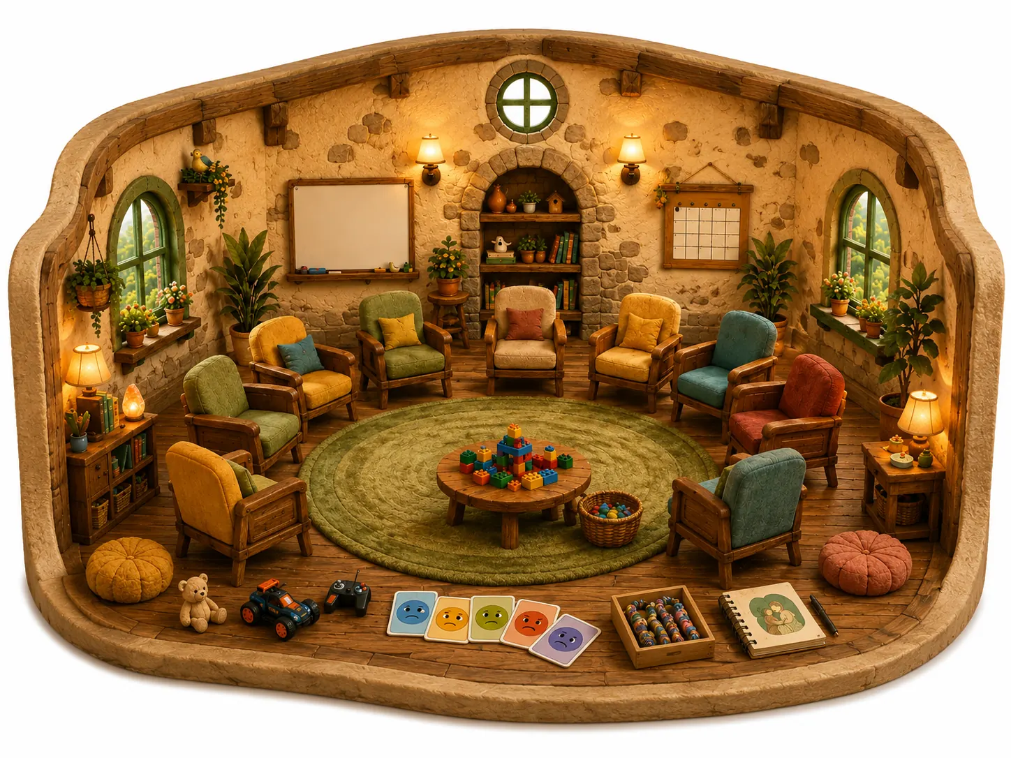 The group room — a circle of chairs and cushions in a bright open space