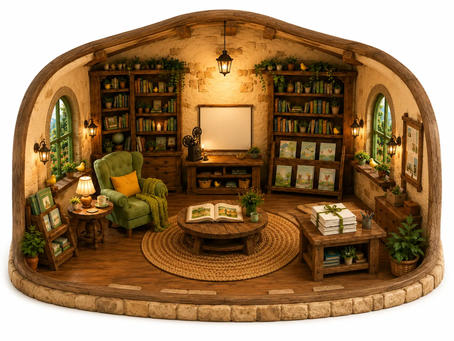 The library — shelves of books, a reading chair and warm lamplight